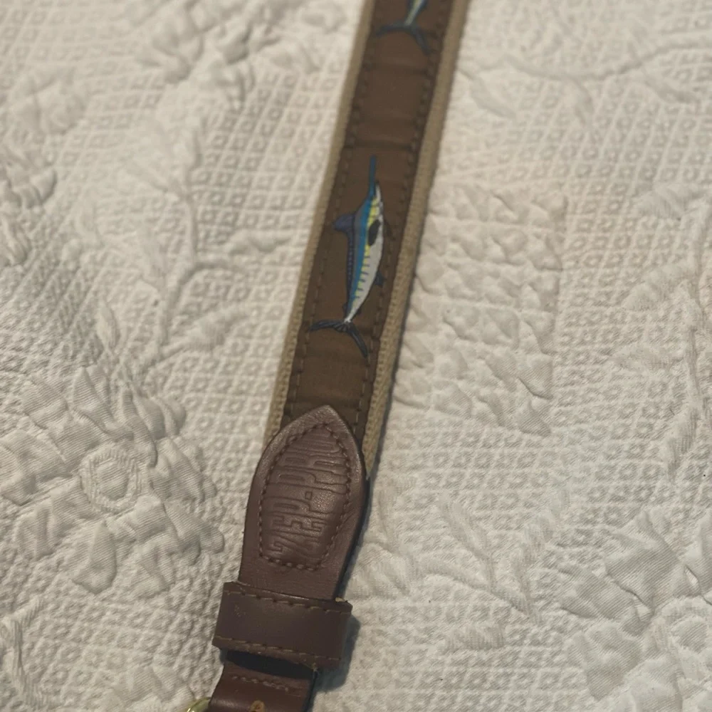 Fish Design Leather-Trim Kids Belt - Brown tan Blue Sz 26 Measure 31 W/O Buckle